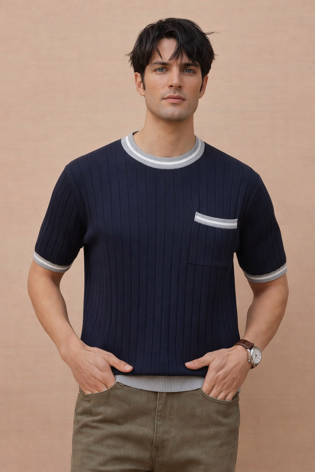 Slim Fit Ribbed Knit T-Shirt for Men – Premium Fabric