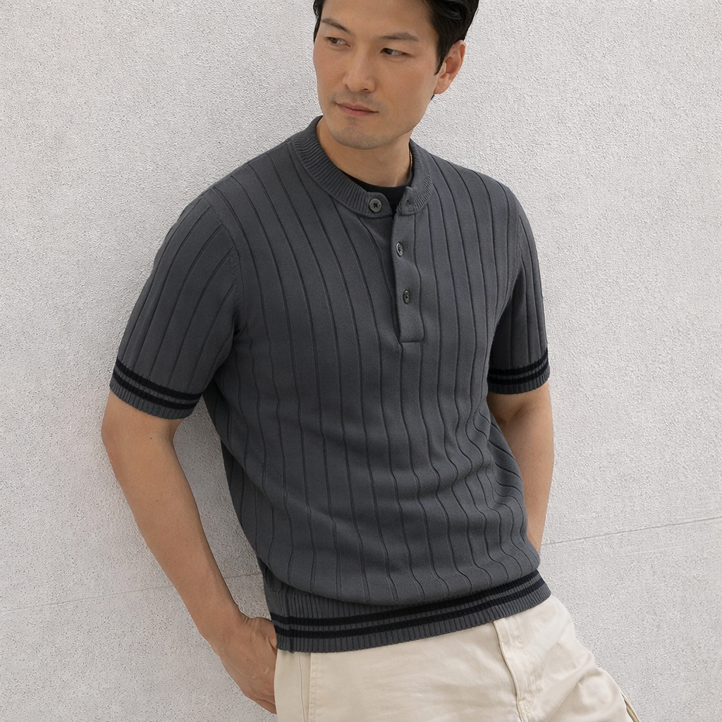Men’s Premium Ribbed Henley T-Shirt – Short Sleeve Casual Summer Wear