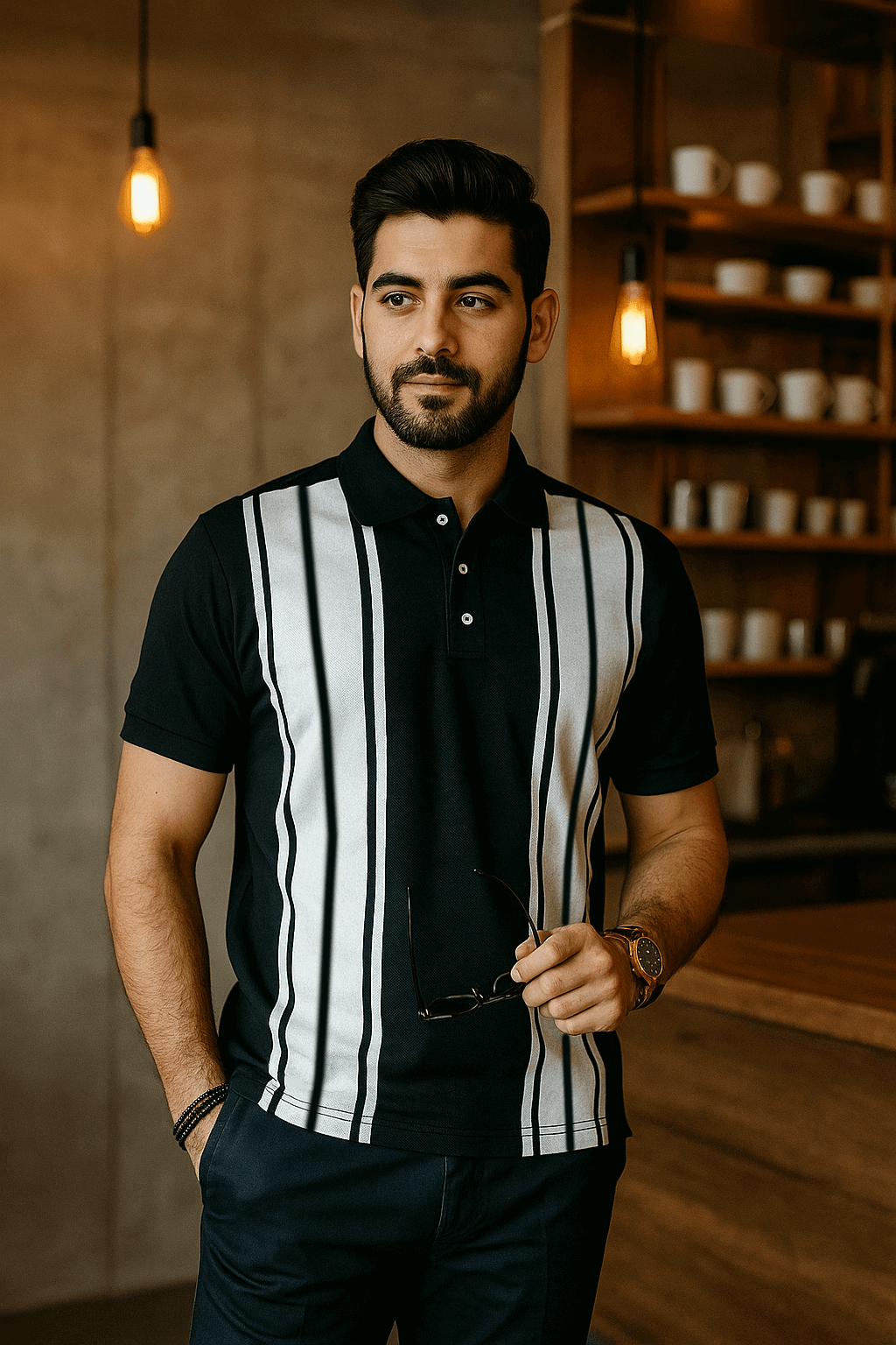 Black Polo White Stripe Polo T-Shirts - Premium Polo T-Shirt from The Divine Shop - Just Rs.2250! Shop now at The Divine Shop
