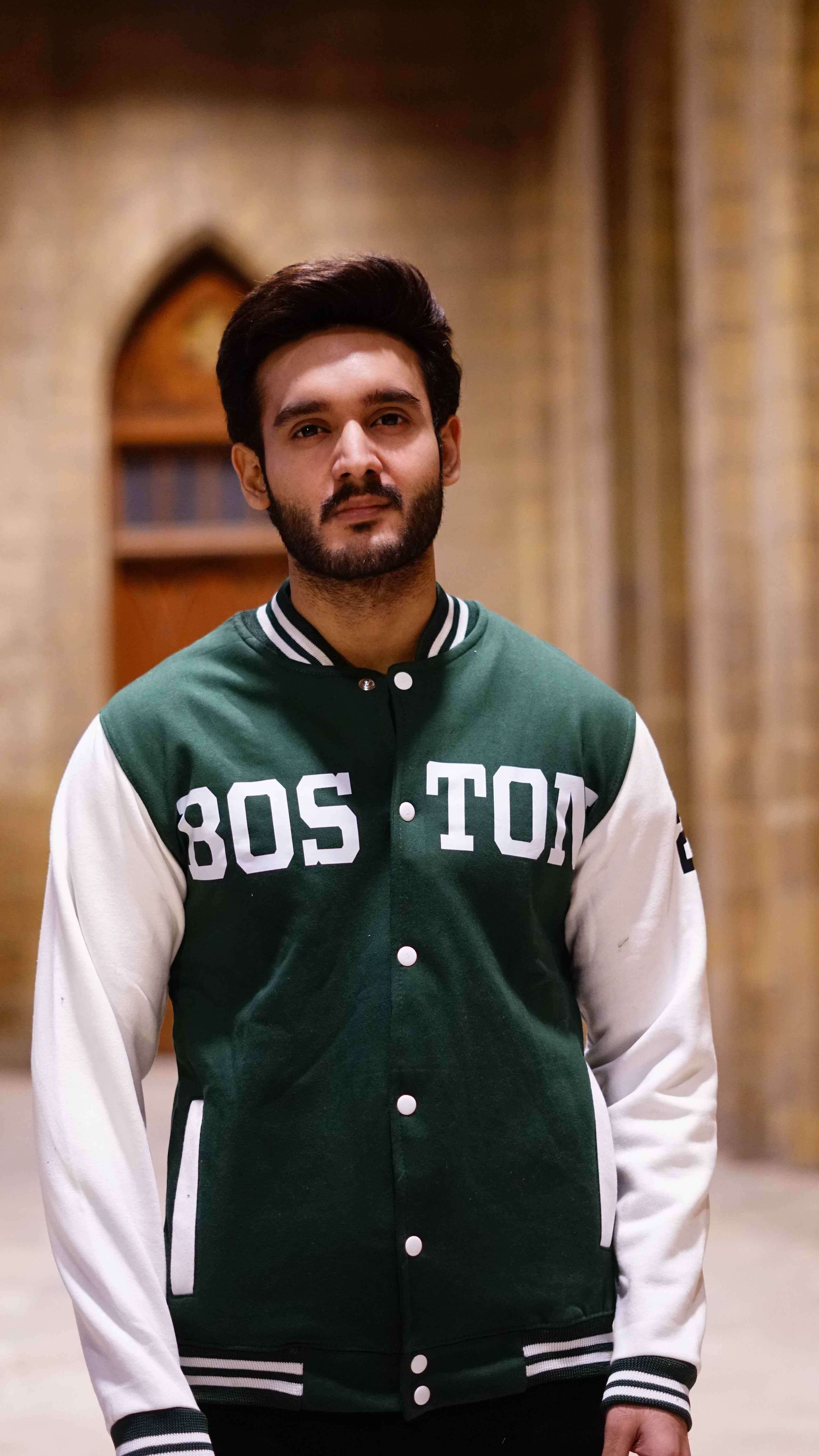 Green and white boston printer baseball jacket - The Divine Shop