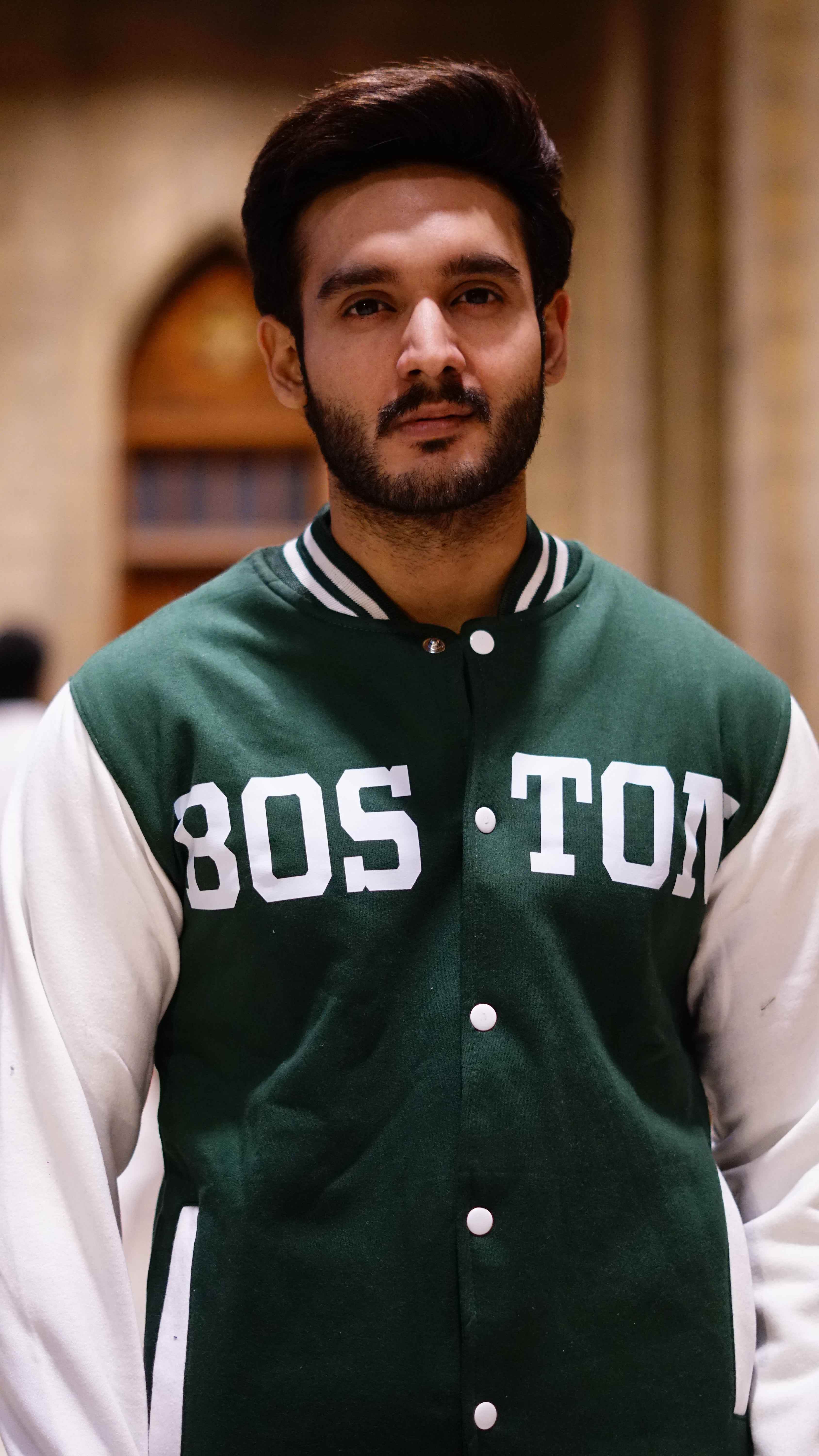 Green and white boston printer baseball jacket - The Divine Shop