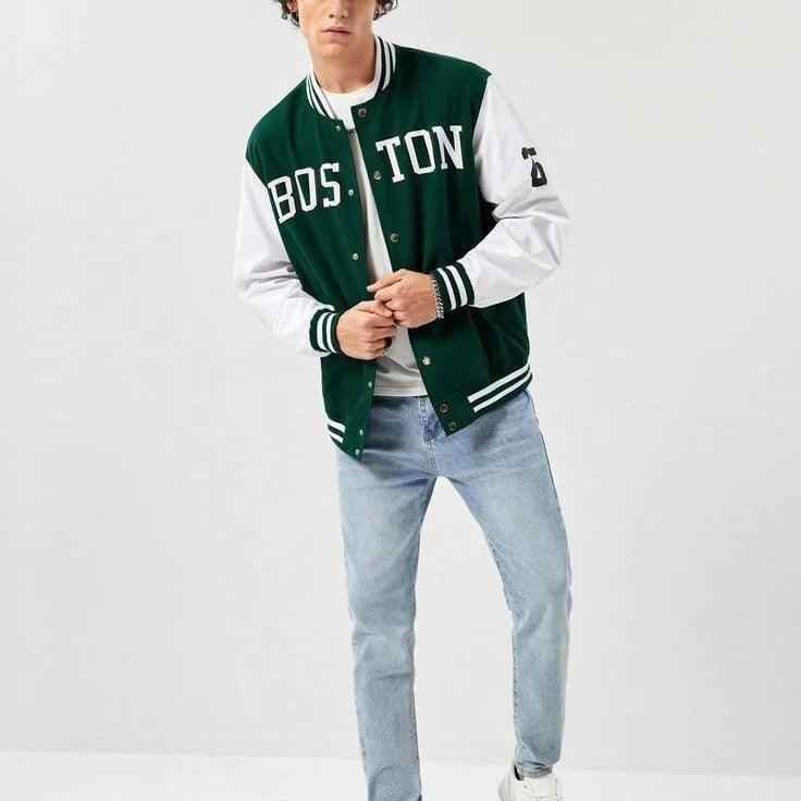 Green and white boston printer baseball jacket - The Divine Shop