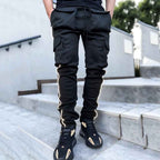 Black cargo pants white stripe hip hop mens