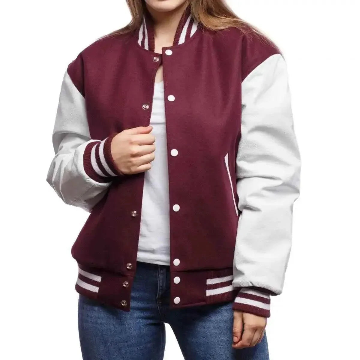 Maroon and white baseball jacket - Premium Baseball Jacket from The Divine Shop - Just Rs.2299! Shop now at The Divine Shop