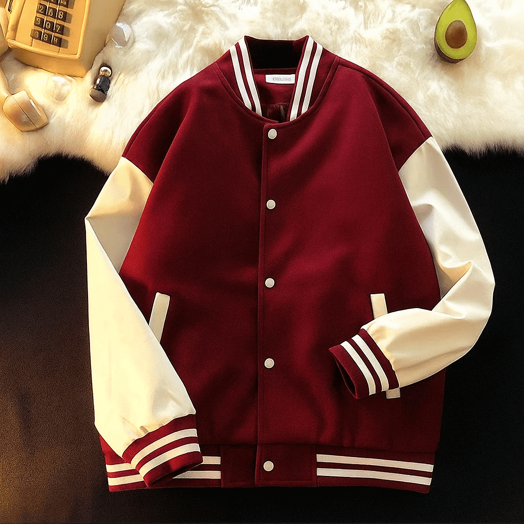 Maroon and white varsity jacket - Premium Baseball Jacket from The Divine Shop - Just Rs.2299! Shop now at The Divine Shop