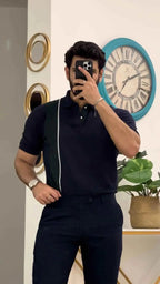 Navy blue polo shirt green stripe menswear - Premium Polo T-Shirt from The Divine Shop - Just Rs.1899! Shop now at The Divine Shop