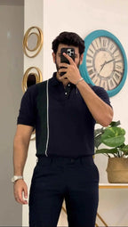 Navy blue polo shirt green stripe menswear - Premium Polo T-Shirt from The Divine Shop - Just Rs.1899! Shop now at The Divine Shop