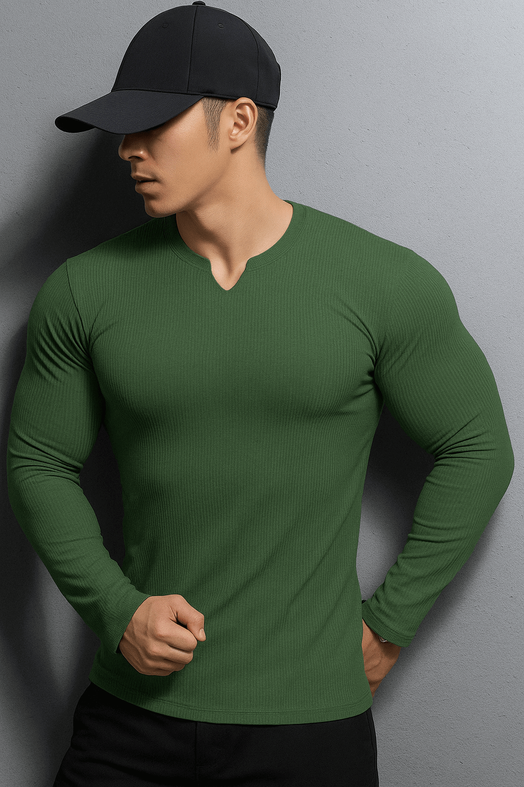 V Shaped Crew Neck Long Sleeves Knitted T-Shirt - Premium waffle knitted t-shirt from The Divine Shop - Just Rs.1499! Shop now at The Divine Shop